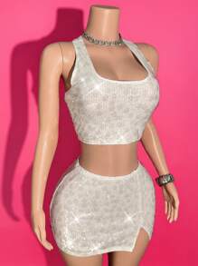 Slaydiva 2025 Summer New Sexy Elegant Romantic Sequin Spaghetti Strap Camisole Top + Slit Mini Skirt Set, Suitable For Music Festivals, Sexy Street, Graduation Season, Western Nomadic, Bohemian Style, Daily Outings, Motorcycle Sports, Clubs, Hot Girls, Birthday Parties, Student Fashion, Basic Versatile, Casual, Vacation, Cruise Travel, Beach, Sunbathing, Viral Hit, Party Gatherings - A - White - View 5