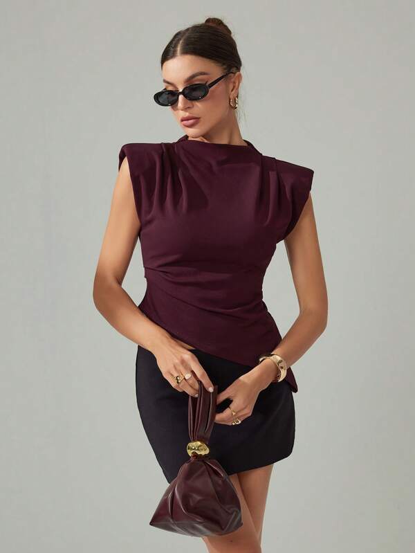SHEIN Tall Top de damă cu guler înalt, culoare vișinie, tiv asimetric, cu guler înalt, cu umeri largi, casual, City, pentru purtare zilnică