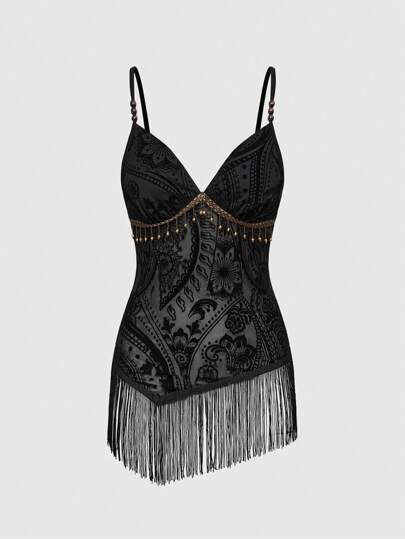 EDITION Dunkel-gotischer, retro-bohemien Kamisole mit Flock-Patchwork und Quasten
