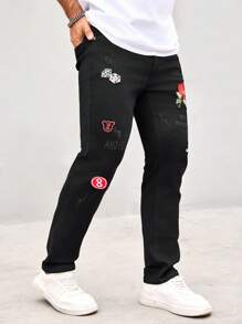 Manfinity LEGND Jeans rectos para hombre con bolsillos con parche bordado, versátiles y casuales