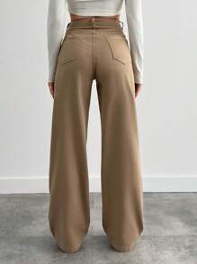 EURMUSE 100%Cotton Women's Solid Color High Waist Straight Leg Jeans - Mocha Brown - View 2