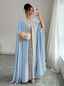 Rafferiza Women's Elegant 2 Pieces Set: Caped Batwing Sleeve Robe And Dress - Blue - View 4