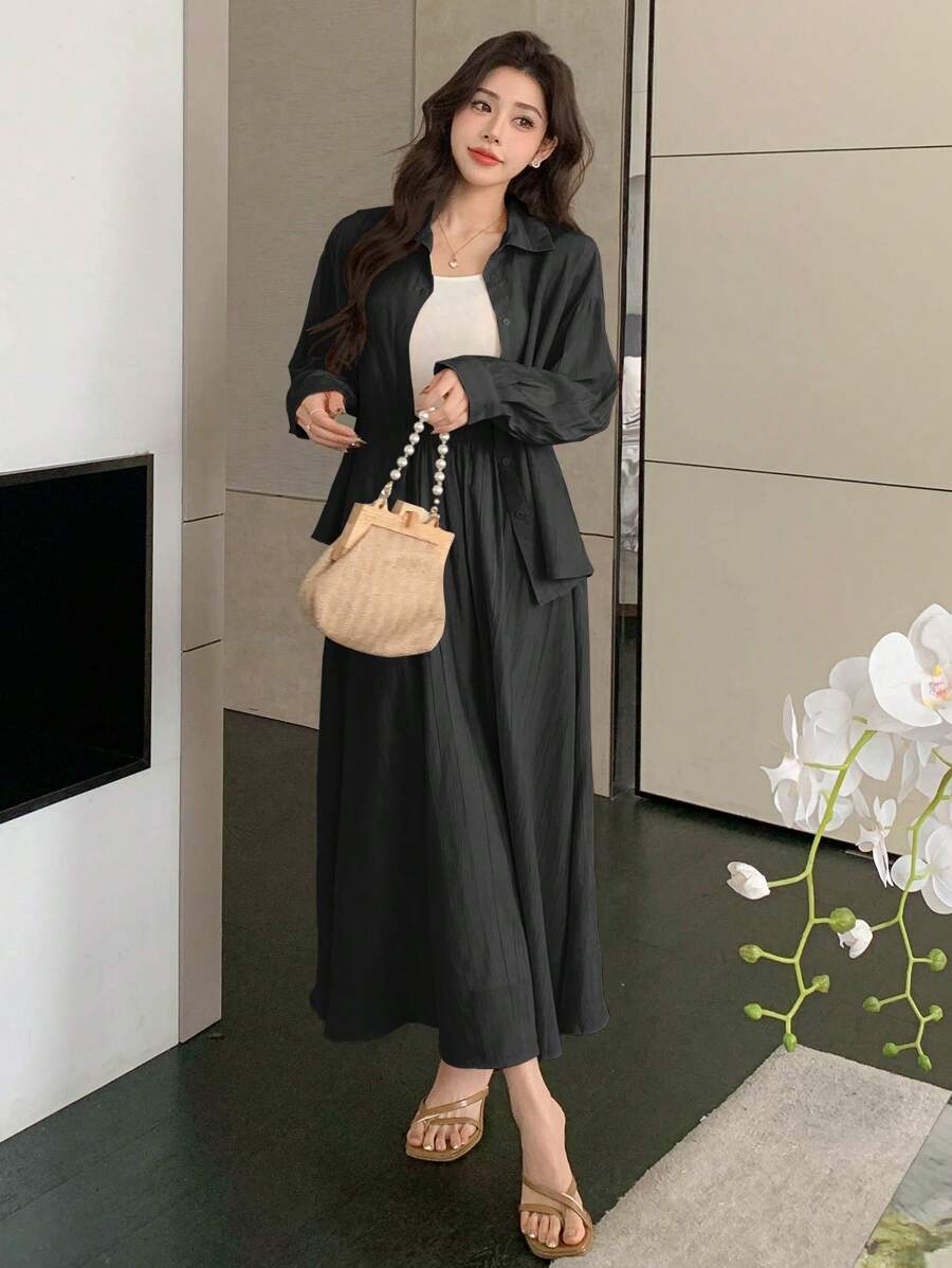DAZY Bộ 2 món áo cánh rộng trễ vai màu trơn và chân váy chữ A cho nữ, thời trang xuân/thu, trở lại trường - màu đen - Xem 1