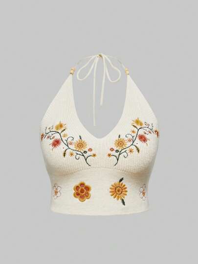 Fairycore Plus Size Women's Floral Embroidery Halter Neck Knit Pullover Top