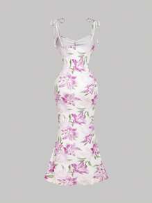 SHEIN MOD Women's Violet Floral Print Sleeveless Dress With Mermaid Hem, Violet Spring Dress
