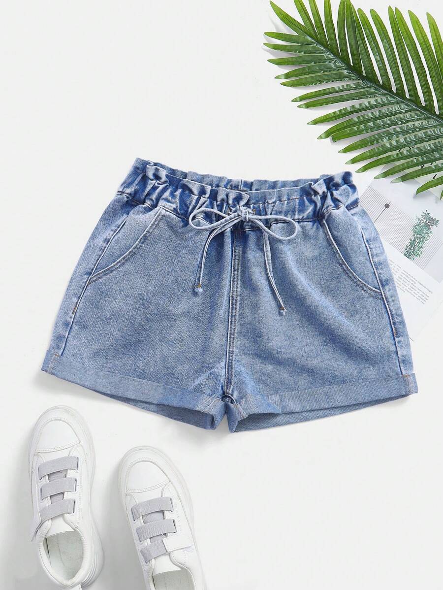 SHEIN Women's Belted Pocket Casual Loose Denim Shorts - Medium Wash - View 1