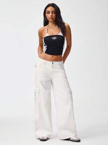 SHEIN EZwear Women's Low Waist Solid Color Pocket Button White Flare Leg Jeans Denim Pants - Apricot - View 5