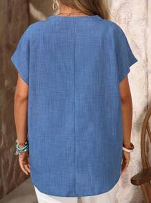 EMERY ROSE 加大码女式蓝色亚麻人造丝纽扣衬衫，落肩袖，圆下摆，热带度假风格，适合春夏季波西米亚风格服装夏季衬衫蓝色亚麻衬衫女式夏季亚麻衬衫 - 藍色 - 查看 2