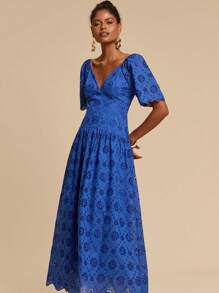 Travachic Summer Blue Puff Sleeve Long Dress With Floral Cutout Design And Sweetheart Neckline Blue Dress Blue Midi Dress Blue Eyelet Dress Blue Vacation Dress - Blue - View 5