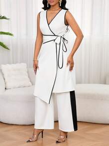 SHEIN Unity 2 pièces Ensemble blouse et pantalon large à design asymétrique chic pour femmes, mode d'été