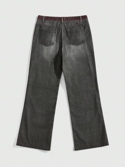 Street Life Pantalones sueltos de pierna recta con efecto de mezclilla y estampado digital con llamas para hombres