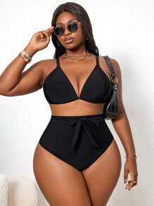 Slaydiva Plus Size High Waist Pleated Black Swim Shorts, Casual Bikini For Vacation For Summer - Black - View 5