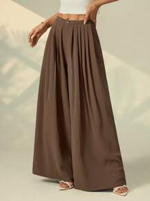 SHEIN PETITE Women's Casual Loose Solid Color Wide Leg Pleated Pocket Pants