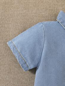 SHEIN Playful Pals Baby Boys' Casual Daily Light Blue Denim Shirt With Pocket Design Short Sleeve Top, Comfortable & Versatile For Outings Or Home Wear - Blue - View 3