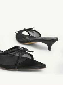 CUCCOO CHICEST 女士蝴蝶结网眼面板尖头小猫跟优雅浪漫黑色网眼高跟凉鞋，一脚蹬，适合茶会、约会、度假，百搭基本款