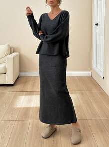 EURMUSE Modern Muse Ribbed Knit Maxi Skirt Oversized Casual Sweater Set Louchy Cold Shoulder Co-Ord Set In Charcoal Gray,Petite,Autumn Clothes Home Everyday - Dark Grey - View 6