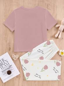 SHEIN Leap Crew Teen Girls Casual Loose Simple Crew Neck Drop Shoulder Short Sleeve Pants Pajamas Set For Spring/Summer - Multicolor - View 2