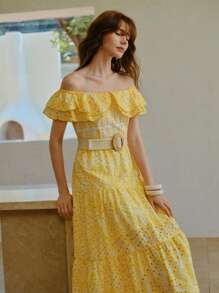 MOTF STUDIO SCHIFFY Off-Shoulder Kleid mit gestuftem Rüschensaum und ohne Gürtel - Gelb - Übersicht 5