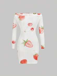 SHEIN EZwear 女式夏季白色草莓露肩长袖网眼连衣裙 - 白色 - 查看 1