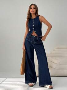 SHEIN EZwear 女式休闲星星贝壳纽扣前无袖牛仔衬衫 - 深色水洗藍 - 查看 3