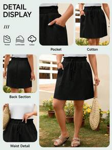 SHEIN LUNE 加大码纯棉高腰裙，带荷叶边下摆和口袋