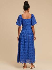 Travachic Summer Blue Puff Sleeve Long Dress With Floral Cutout Design And Sweetheart Neckline Blue Dress Blue Midi Dress Blue Eyelet Dress Blue Vacation Dress - Blue - View 3