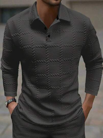 Manfinity Homme Herren Jacquard Stoff Knopfleiste Langarm Poloshirt, Frühling und Herbst, Weiß Knopfleiste Herren Poloshirt Herren Lässig Langarm Hemden, Lässige Oberteile Herren Mode Oberteile, Herbst