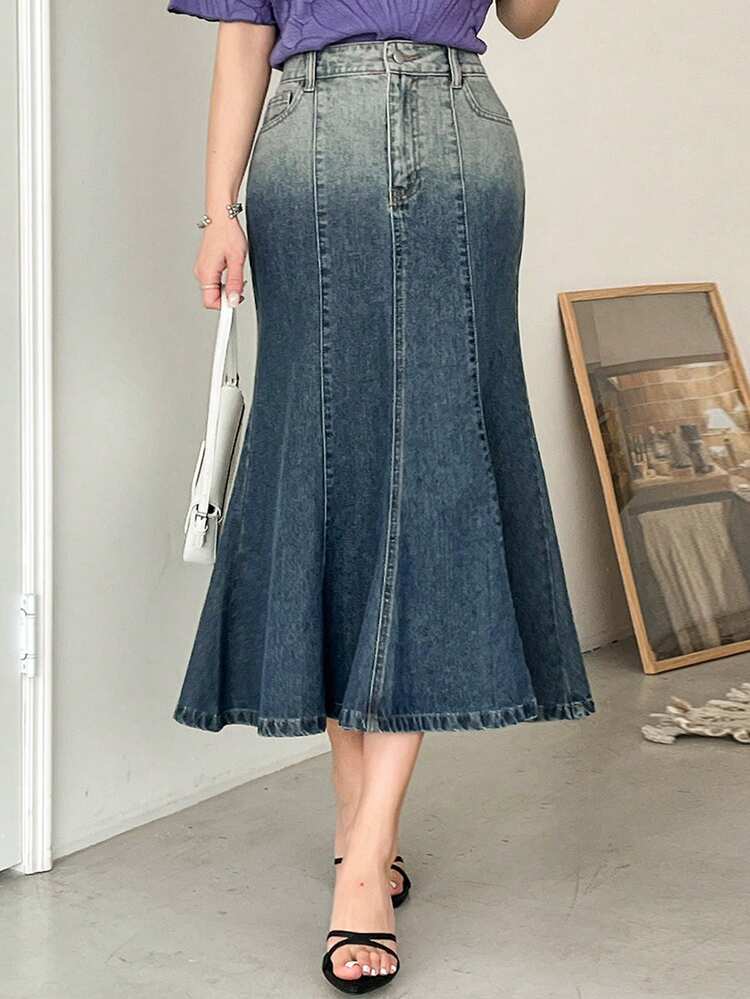 Women Ombre Color Fishtail Skirt, Elegant Casual Denim Skirt Jeans Skirt