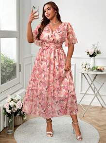 SHEIN Clasi 大码女式花卉印花 V 领荷叶边袖优雅长裙