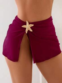 Swim 1 pieza Vestido de playa dividido de unicolor con accesorio de estrella de mar en el lateral para mujer - Burdeos - Ver 5