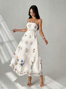 SHEIN PETITE 女士花卉印花波西米亚风格连衣裙，适合度假、浪漫、女士夏季服装、女士度假服装、生日服装、女士沙滩服装、女士西部服装、女士花卉连衣裙 - 杏色 - 查看 6