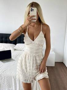 SHEIN EZwear Women's Summer Jacquard Knit Backless Jumpsuit - Apricot - View 3