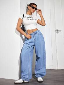 SHEIN EZwear Women Solid Color Casual Baggy Jeans - Light Wash - View 2