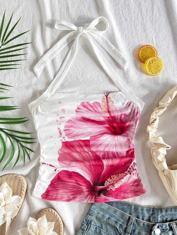 SHEIN Tween Girl Fitted Casual Minimalist Comfortable Halter Floral Decor Tank Top