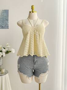 Comfortcana Plus Size Yellow Hollow-Out Knit Top, Suitable For Summer Vacation - Yellow - View 1