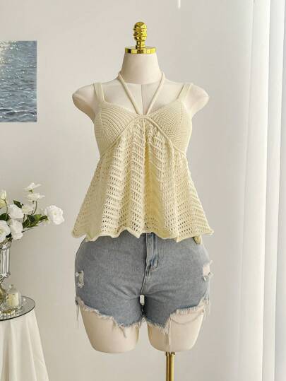 Comfortcana 加大码黄色镂空针织上衣，适合暑假
