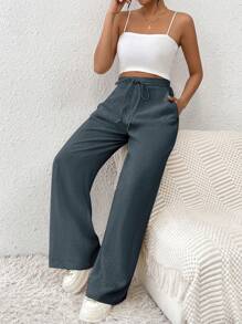 SHEIN X JIMENA & MATEO SHEIN Frenchy Pantalones rectos de pierna ancha, cómodos y elegantes con cordón y bolsillos para mujer. Pantalones de lino a rayas. Pantalones para maestras. Ropa de maestra. Atuendos de otoño. De vuelta a la escuela. Ropa de oficina minimalista. Estilo old money simple.