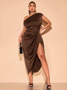 SHEIN BAE Váy maxi xẻ tà cao chất liệu satin đen lãng mạn ngày lễ tình nhân dành cho nữ cỡ lớn, kỳ nghỉ bãi biển gợi cảm thanh lịch, dự tiệc đi làm, ngày lễ, váy mùa hè cho nữ, váy dự tiệc cưới cho nữ - Cà phê nâu - Xem 1