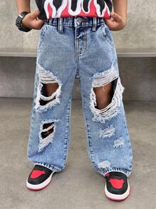 年轻男孩都市街头酷炫时尚 Y2k 时尚石洗破洞磨损宽松蓝色牛仔裤，百搭休闲童装男童春夏日常服装和街头服饰，适合幼儿男孩