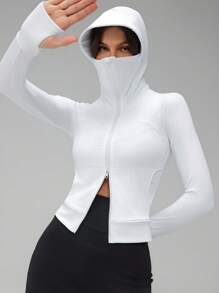 SHEIN Tall Women Solid Color Zip-Up Hooded Slim Fit Breathable Casual Long Sleeve Outdoor Sunscreen Hooded Jacket Sun Uv Protection Jacket,For Daily Wear - White - View 9