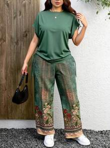 EMERY ROSE Plus Size Women's Summer Two Pieces Suits Ladies Solid Color Round Neck Short Sleeves Hem Drawstring Design + Loose High Waist Elegant Retro European Floral Pattern Trousers Women's Summer Two-PSummer Outfits For Women,Two Piece Set Women Suitable For Going Out,Flower/Vacation/Spring - Green - View 4