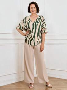 Miaspire 2pcs/Set Women Spring/Summer Casual Zebra Print V-Neck Blouse And Loose Wide-Leg Pants,Business Women Attire,Country Style Women's ClothingFall Women Clothes Going Out Outfits Mothers Day Outfit Gift For Mom