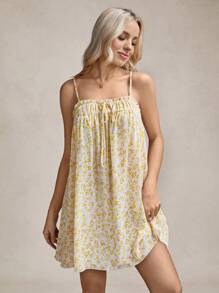SHEIN LUNE 伊比沙岛服装女士夏季连衣裙西部风女士奶油黄色连衣裙女士休闲宽松碎花抽绳迷你吊带裙适合日常穿着 - 黃色 - 查看 1
