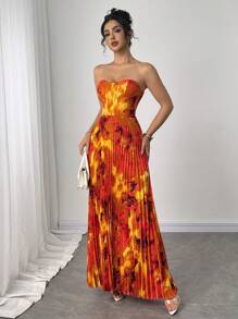 Elenzga Vestido estampado de mujer con pliegues que ciñen la cintura tipo top bandeau - Naranja - Ver 3