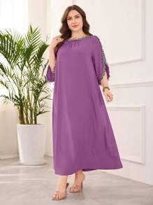 Lacomfia 大码时尚优雅图案装饰圆领连衣裙 - 紫丁香色 - 查看 4