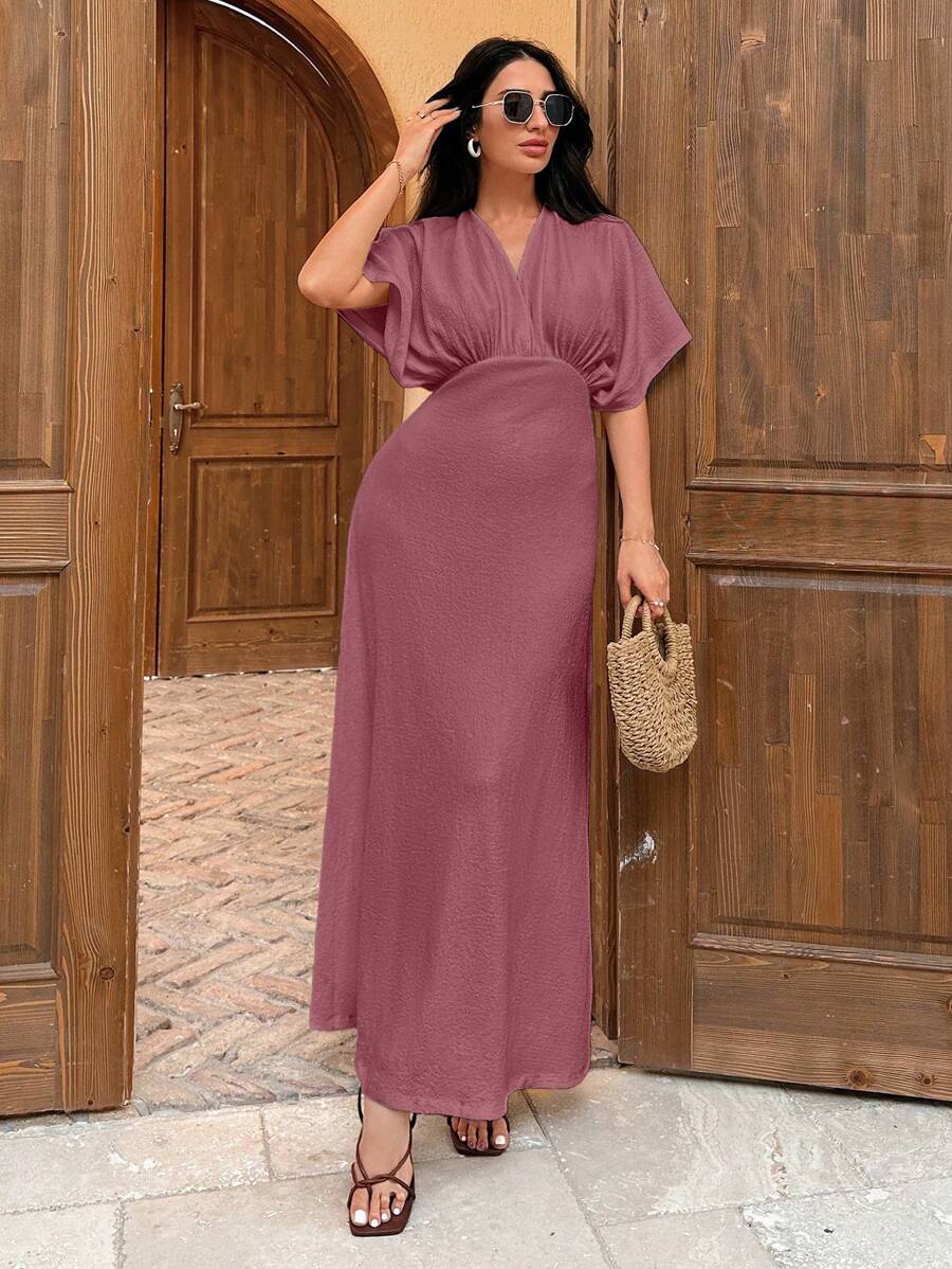 SHEIN Cottnline Women's Solid Color V-Neck Batwing Sleeve Pleated Long Dress, Summer - Dusty Pink - View 1