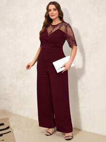SHEIN Clasi Plus Size Elegant Lace Patchwork Jumpsuit - Burgundy - View 5