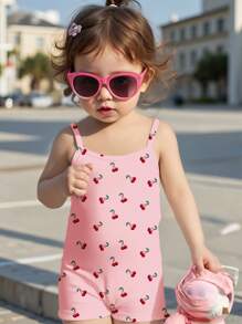 SHEIN Happikins Baby Girl Casual Strap Romper, Suitable For Spring And Summer