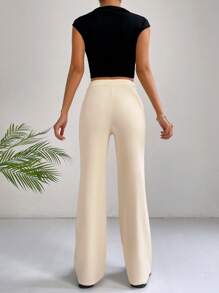SHEIN EZwear Classical Apricot High Waist Seam Detail Straight Leg Pants - Apricot - View 2