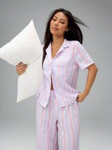 SHEIN PETITE Women's Two-Piece Button-Front Shirt And Pleated Trousers Pajama Set